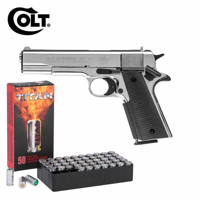 SET Colt Government 1911 A1 Schreckschuss Pistole Polished Chrome 9 mm P.A.K. (P18) + 50 Platzpatronen 9 mm P.A.K.