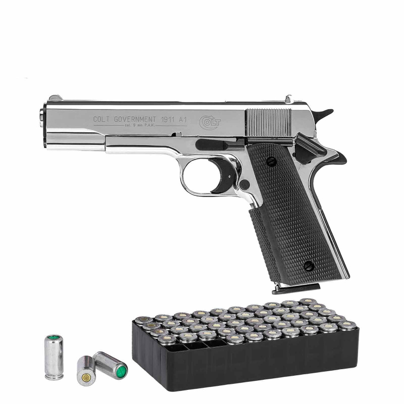 Set Colt Government 1911 A1 Schreckschuss Pistole Polished Chrome 9 M