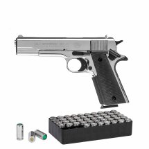 SET Colt Government 1911 A1 Schreckschuss Pistole Polished Chrome 9 mm P.A.K. (P18) + 50 Platzpatronen 9 mm P.A.K.