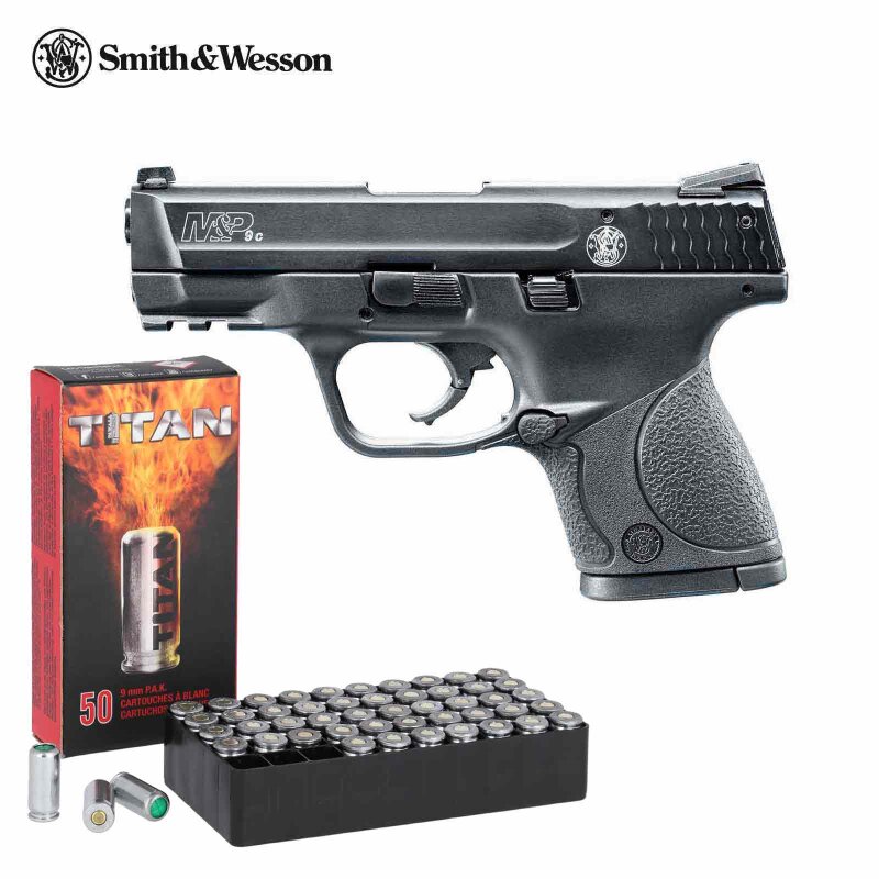 SET Smith & Wesson M&P 9c Schreckschuss Pistole Schwarz 9 mm P.A.K. (P18) + 50 Platzpatronen 9 mm P.A.K.