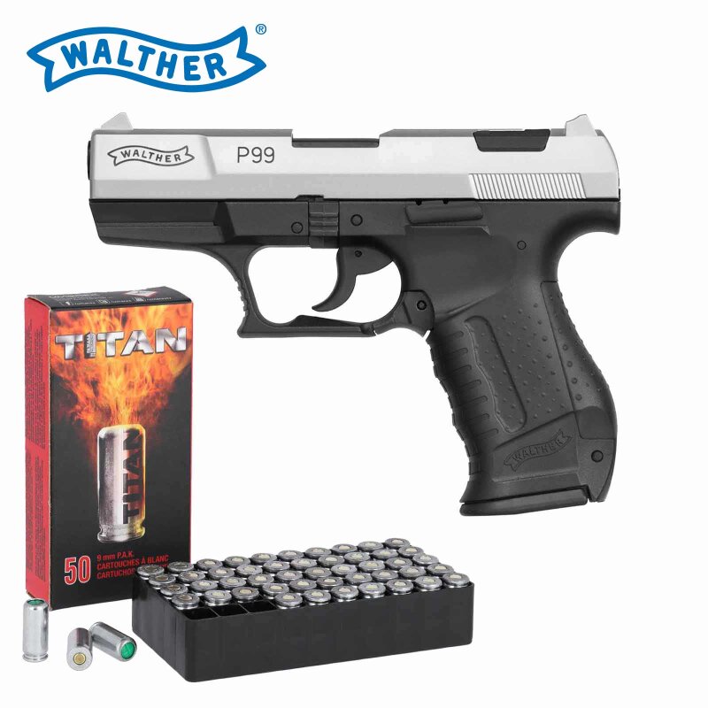 SET Walther P99 Schreckschuss Pistole Bicolor 9 mm P.A.K. (P18) + 50 Platzpatronen 9 mm P.A.K.