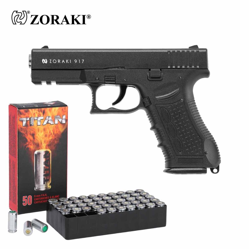 SET Zoraki 917 Schreckschuss Pistole brüniert/Chrom 9 mm P.A.K. (P18) + 50 Platzpatronen 9 mm P.A.K.