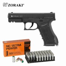 SET Zoraki 917 Schreckschuss Pistole brüniert/Chrom 9 mm P.A.K. (P18) + 50 Platzpatronen 9 mm P.A.K.