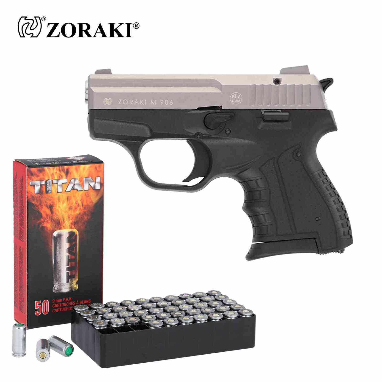 SET Zoraki 906 Schreckschuss Pistole Titan Chrom 9 mm P.A.K. (P18) +