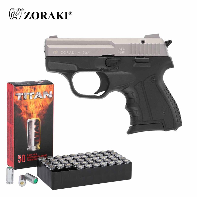 SET Zoraki 906 Schreckschuss Pistole Titan Chrom 9 mm P.A.K. (P18) + 50 Platzpatronen 9 mm P.A.K.