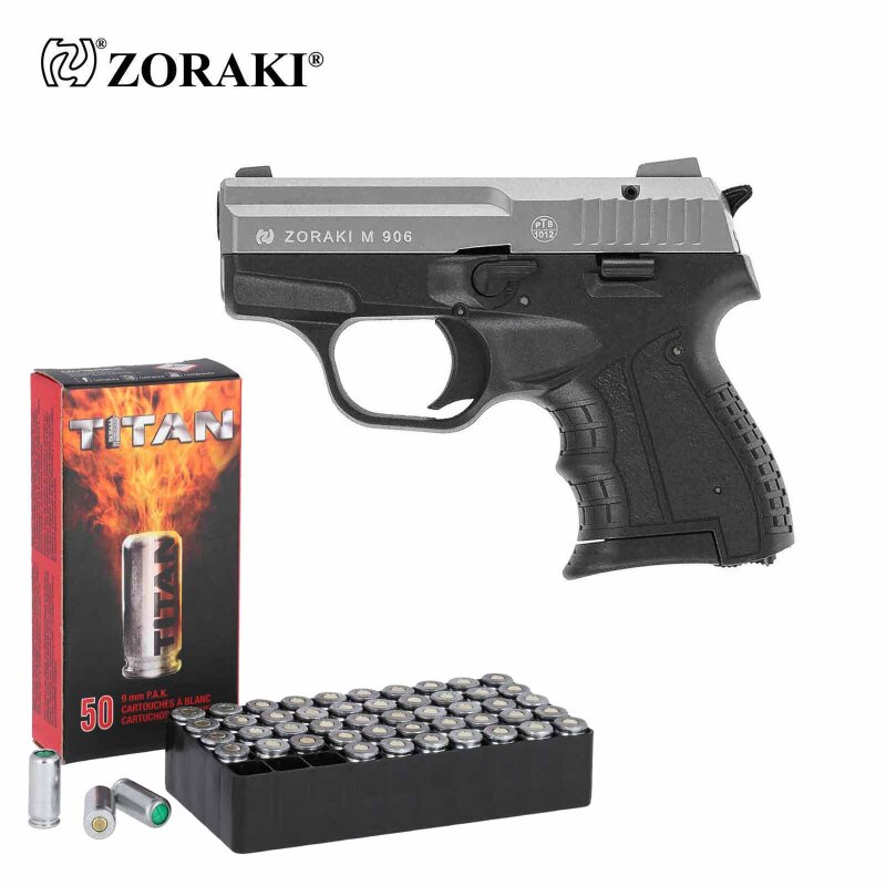 SET Zoraki 906 Schreckschuss Pistole Titan 9 mm P.A.K. (P18) + 50 Platzpatronen 9 mm P.A.K.