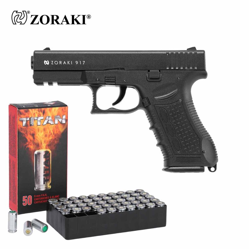 SET Zoraki 917 Schreckschuss Pistole brüniert 9 mm P.A.K. (P18) + 50 Platzpatronen 9 mm P.A.K.