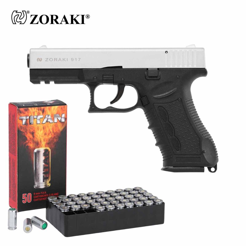 SET Zoraki 917 Schreckschuss Pistole Matt Chrom 9 mm P.A.K. (P18) + 50 Platzpatronen 9 mm P.A.K.
