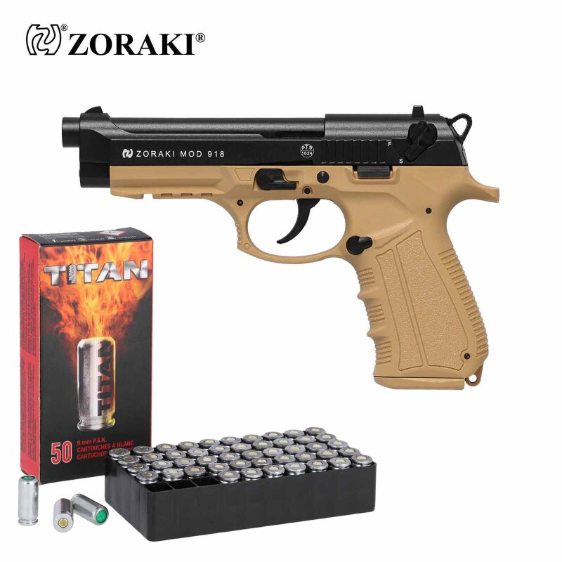 SET Zoraki 918 Schreckschuss Pistole Desert 9 mm P.A.K. (P18) + 50 Platzpatronen 9 mm P.A.K.