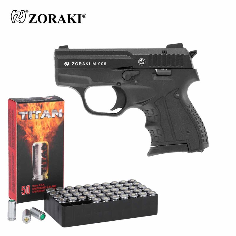 SET Zoraki 906 Schreckschuss Pistole brüniert/Chrom 9 mm P.A.K. (P18) + 50 Platzpatronen 9 mm P.A.K.