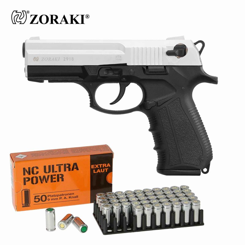 SET Zoraki 2918 Schreckschuss Pistole Matt Chrom 9 mm P.A.K. (P18) + 50 Platzpatronen 9 mm P.A.K.