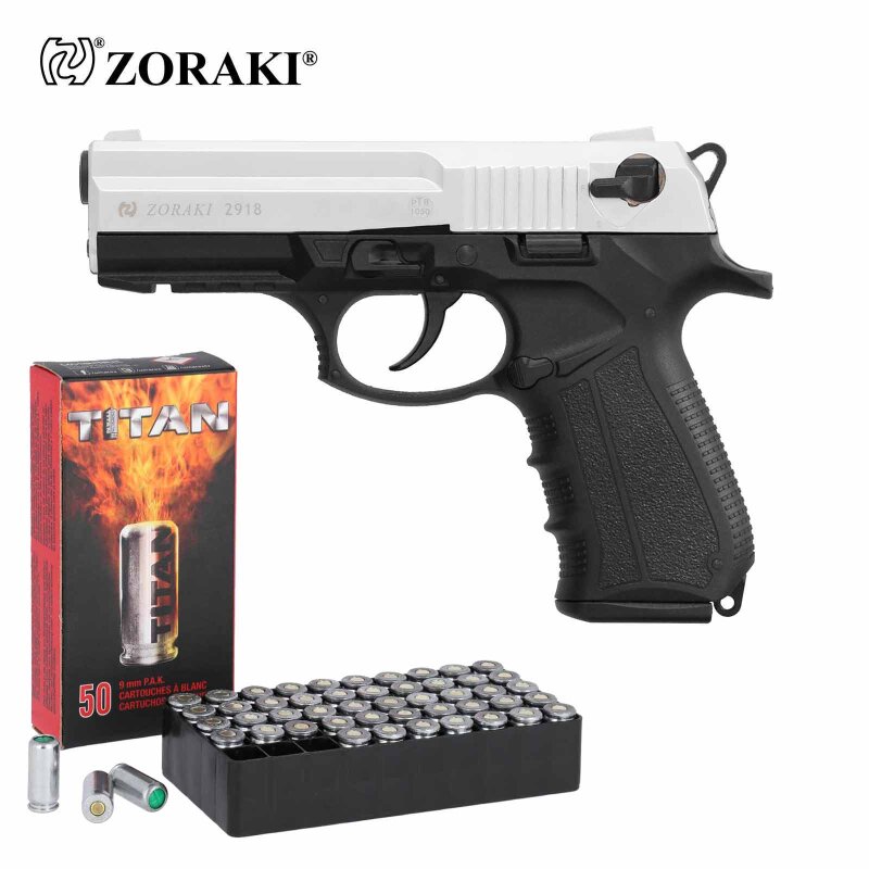 SET Zoraki 2918 Schreckschuss Pistole Matt Chrom 9 mm P.A.K. (P18) + 50 Platzpatronen 9 mm P.A.K.