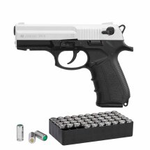 SET Zoraki 2918 Schreckschuss Pistole Matt Chrom 9 mm P.A.K. (P18) + 50 Platzpatronen 9 mm P.A.K.