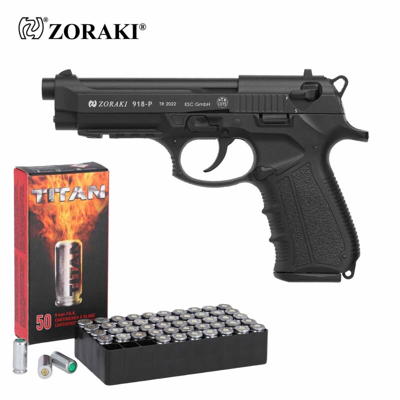 SET Zoraki 918 Schreckschuss Pistole brüniert 9 mm P.A.K. (P18) + 50 Platzpatronen 9 mm P.A.K.