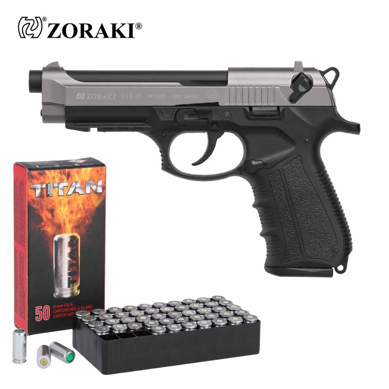 SET Zoraki 918 Schreckschuss Pistole Titan 9 mm P.A.K. (P18) + 50 Platzpatronen 9 mm P.A.K.