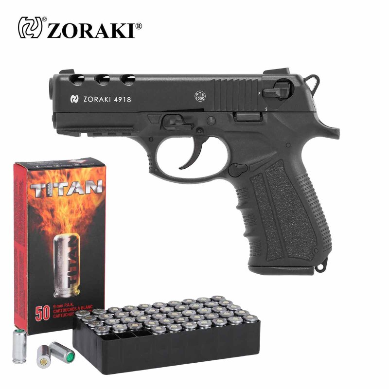 SET Zoraki 4918 Schreckschuss Pistole brüniert 9 mm P.A.K. (P18) + 50 Platzpatronen 9 mm P.A.K.