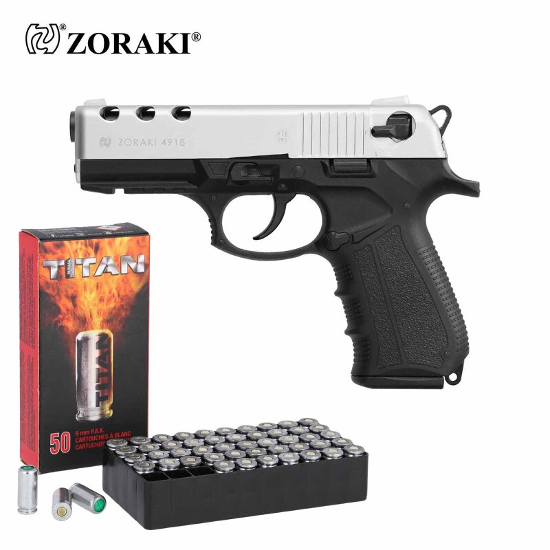 SET Zoraki 4918 Schreckschuss Pistole Matt Chrom 9 mm P.A.K. (P18) + 50 Platzpatronen 9 mm P.A.K.