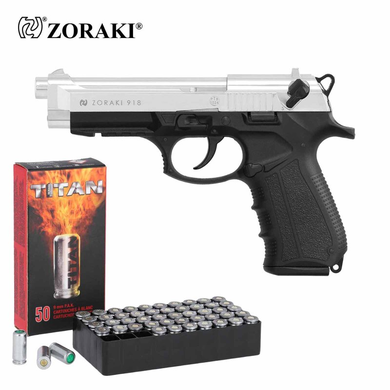 SET Zoraki 918 Schreckschuss Pistole Chrom 9 mm P.A.K. (P18) + 50 Platzpatronen 9 mm P.A.K.