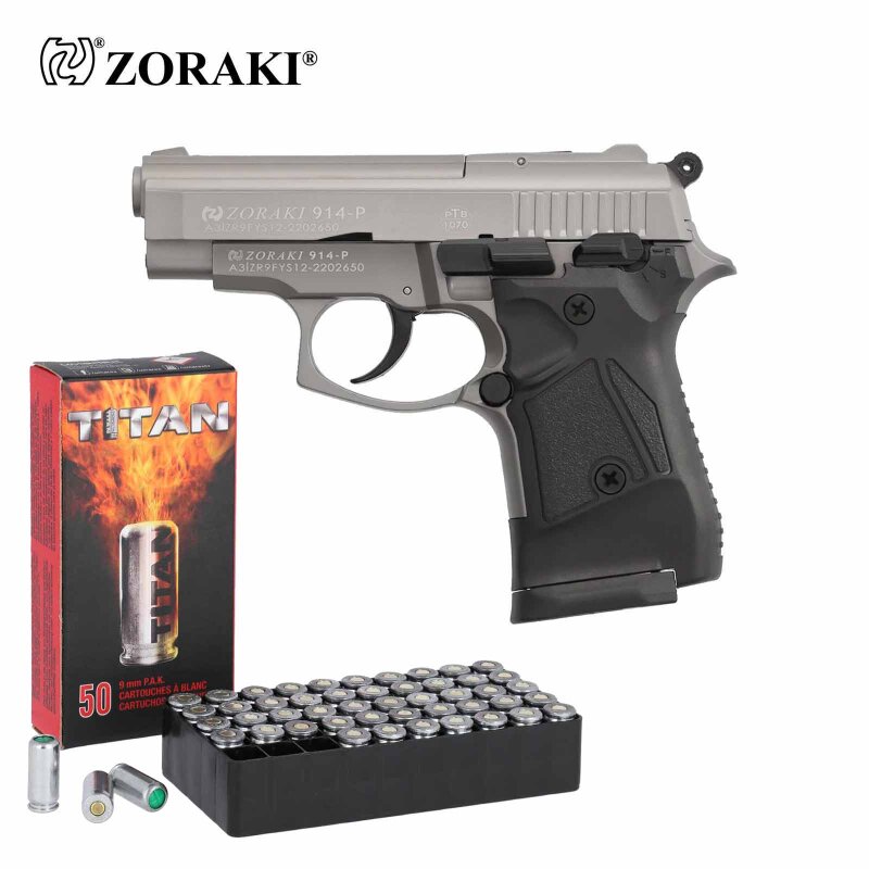 SET Zoraki 914 Schreckschuss Pistole Titan 9 mm P.A.K. (P18) + 50 Platzpatronen 9 mm P.A.K.