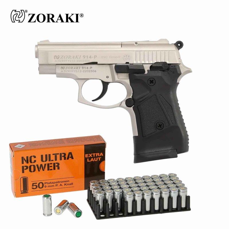 SET Zoraki 914 Schreckschuss Pistole Satina 9 mm P.A.K. (P18) + 50 Platzpatronen 9 mm P.A.K.