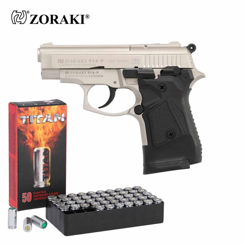 SET Zoraki 914 Schreckschuss Pistole Satina 9 mm P.A.K. (P18) + 50 Platzpatronen 9 mm P.A.K.