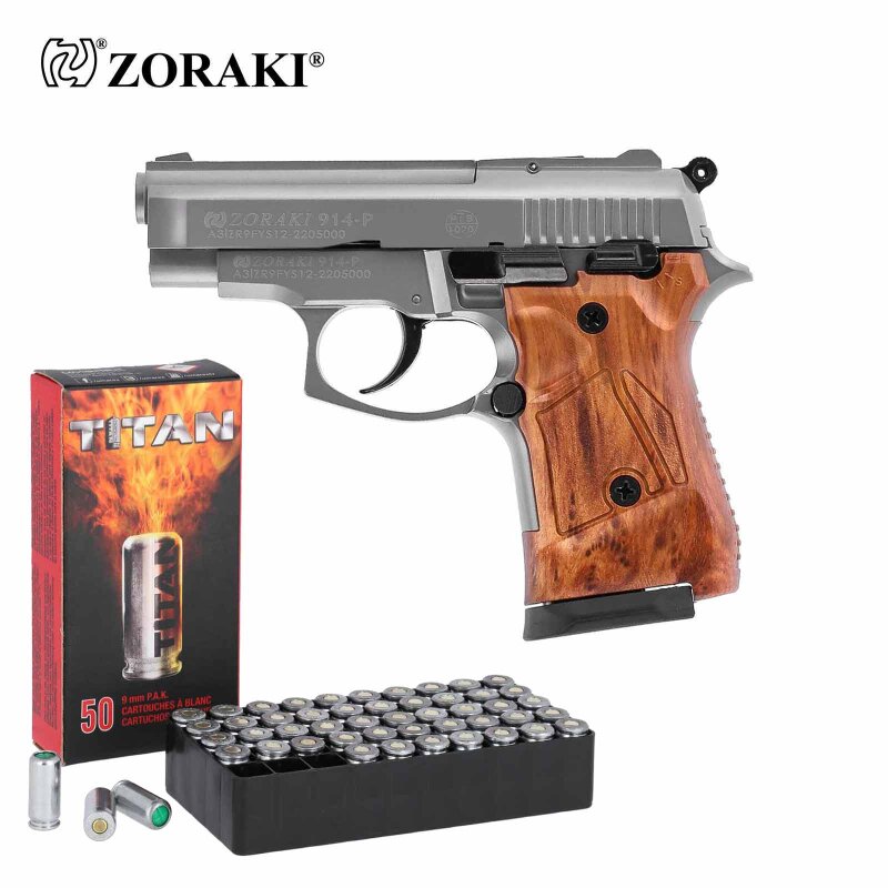 SET Zoraki 914 Schreckschuss Pistole Titan HG-Optik 9 mm P.A.K. (P18) + 50 Platzpatronen 9 mm P.A.K.