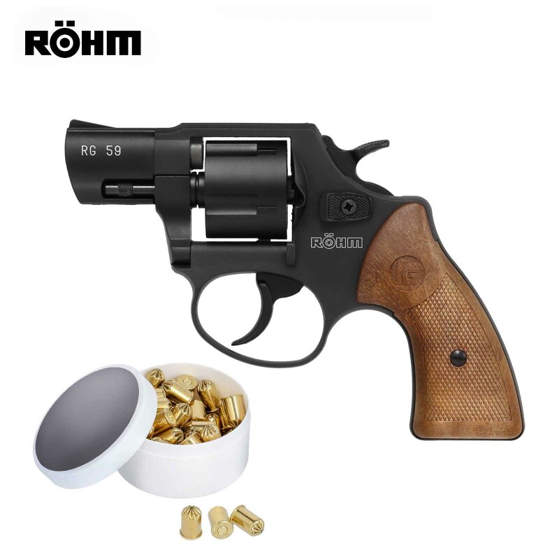 SET Röhm RG 59 Schreckschuss Revolver brüniert 9 mm R.K. (P18) + 50 Platzpatronen 9 mm R.K.