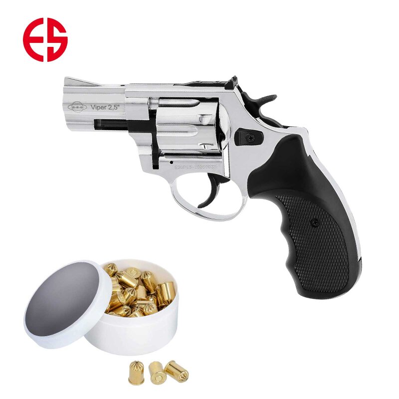 SET Ekol Viper Schreckschuss Revolver 2,5" Lauf Chrom 9 mm R.K. (P18) + 50 Platzpatronen 9 mm R.K.