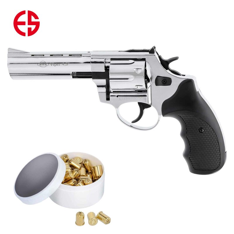 SET Ekol Viper Schreckschuss Revolver 4,5" Lauf Chrom 9 mm R.K. (P18) + 50 Platzpatronen 9 mm R.K.