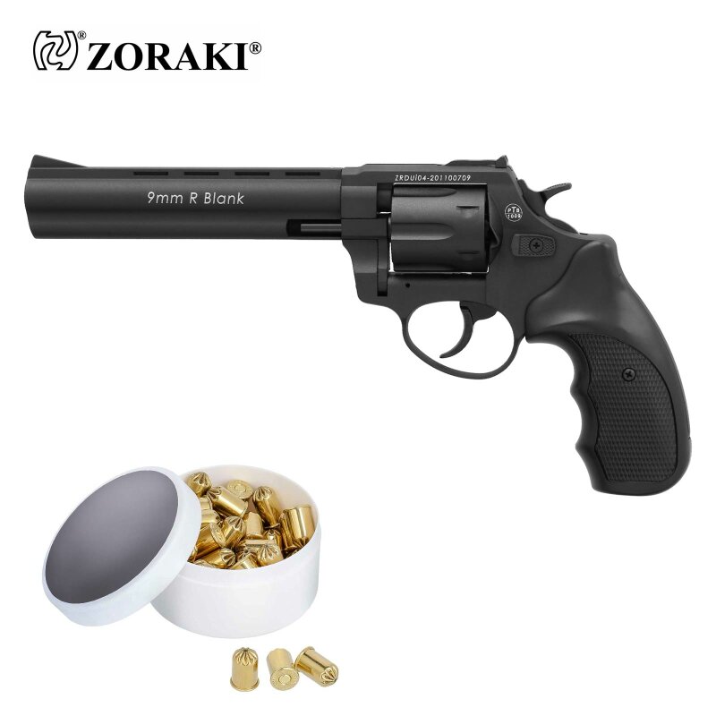 SET Zoraki R1 6 Zoll Lauf Schreckschuss Revolver Schwarz 9 mm R.K. (P18) + 50 Platzpatronen 9 mm R.K.