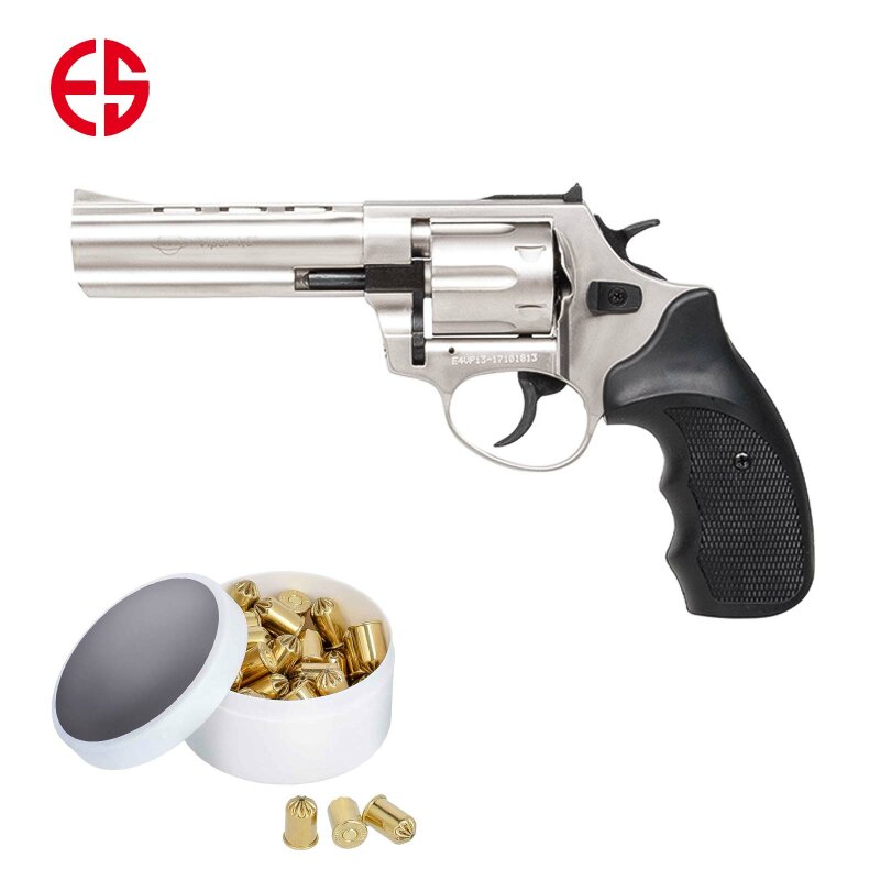 SET Ekol Viper Schreckschuss Revolver 4,5" Lauf Vernickelt 9 mm R.K. (P18) + 50 Platzpatronen 9 mm R.K.