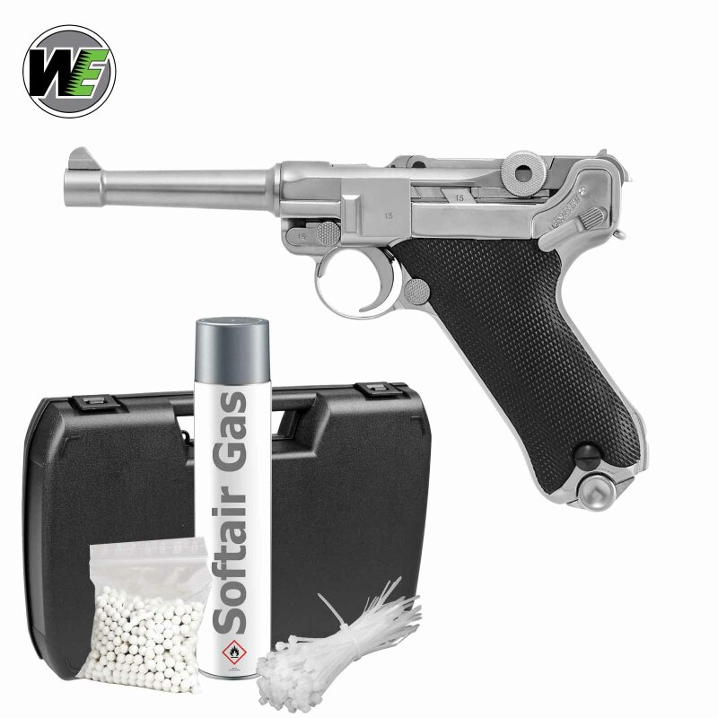 Komplettset WE P08  Vollmetall Softair-Pistole Silber Kaliber 6 mm BB Gas Blowback (P18)
