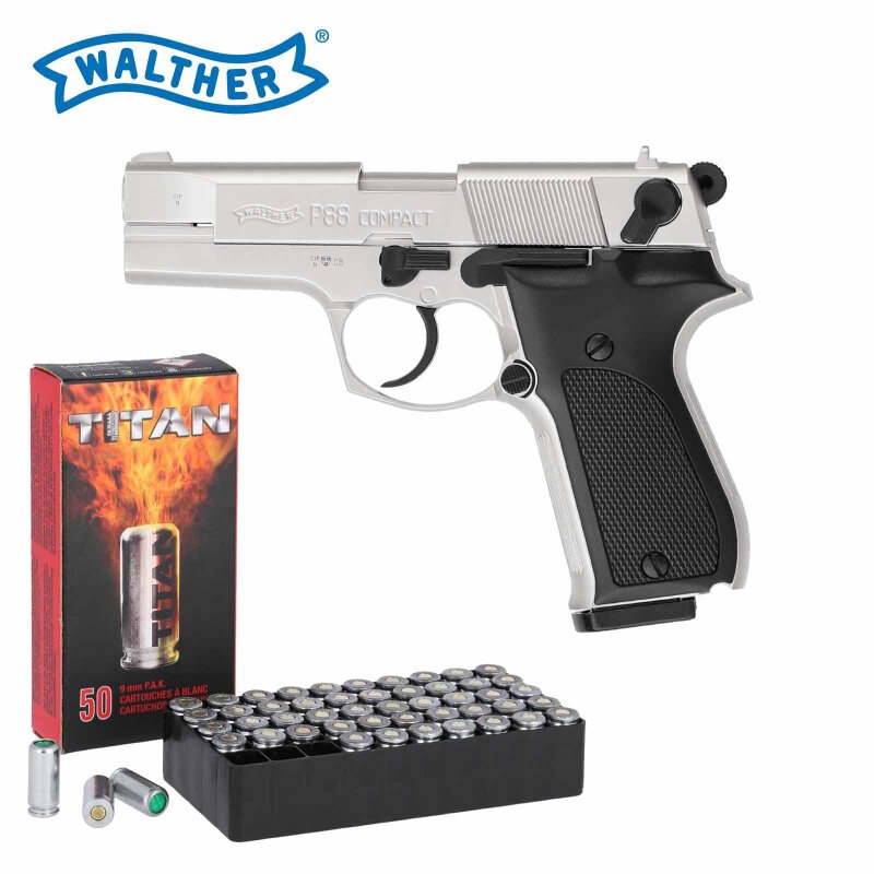 SET Walther P88 Schreckschuss Pistole Nickel 9 mm P.A.K. (P18) + 50 Platzpatronen 9 mm P.A.K.