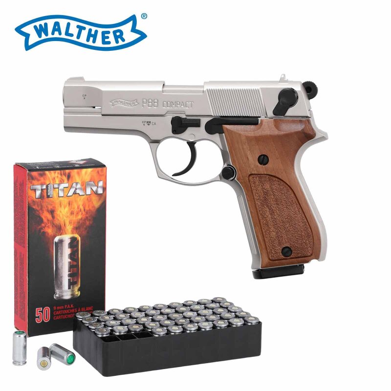 SET Walther P88 Schreckschuss Pistole Nickel 9 mm P.A.K. (P18) + 50 Platzpatronen 9 mm P.A.K.