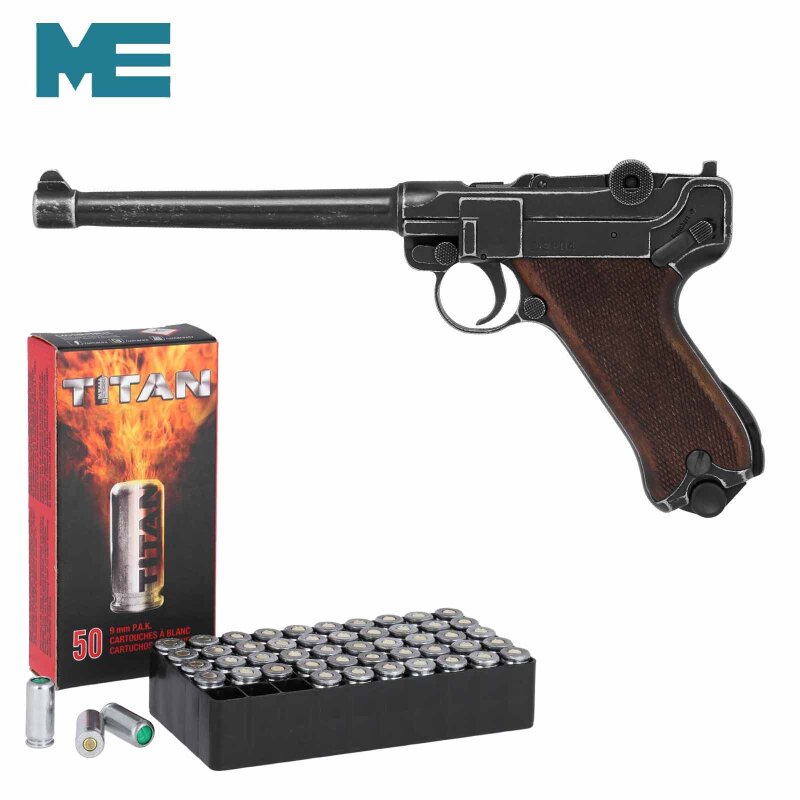 SET ME P04 Schreckschuss Pistole Antik 9 mm P.A.K. (P18) + 50 Platzpatronen 9 mm P.A.K.