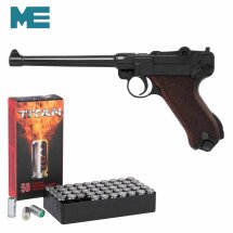 SET ME P04 Schreckschuss Pistole Schwarz brüniert 9 mm P.A.K. (P18) + 50 Platzpatronen 9 mm P.A.K.