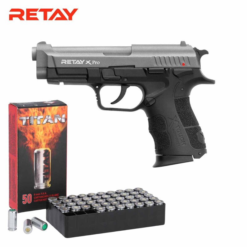 SET Retay X Pro Schreckschuss Pistole Titan 9 mm P.A.K. (P18) + 50 Platzpatronen 9 mm P.A.K.