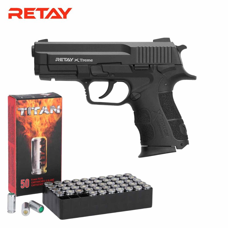 SET Retay X TREME Schreckschuss Pistole Schwarz 9 mm P.A.K. (P18) + 50 Platzpatronen 9 mm P.A.K.