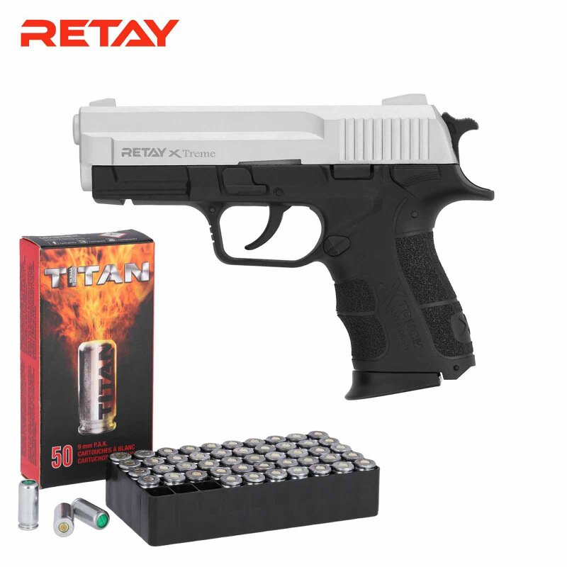 SET Retay X TREME Schreckschuss Pistole Nickel 9 mm P.A.K. (P18) + 50 Platzpatronen 9 mm P.A.K.