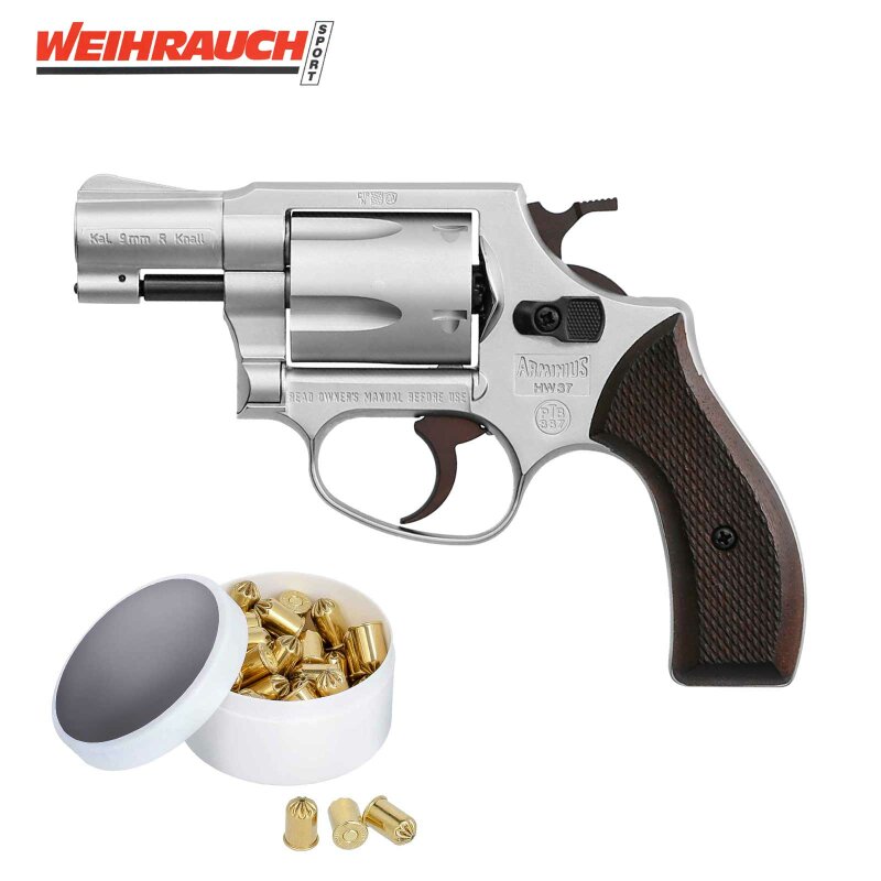 SET Weihrauch HW37 Schreckschuss Revolver Stainless Look mit Holzgriffschalen 9 mm R.K. (P18) + 50 Platzpatronen 9 mm R.K.