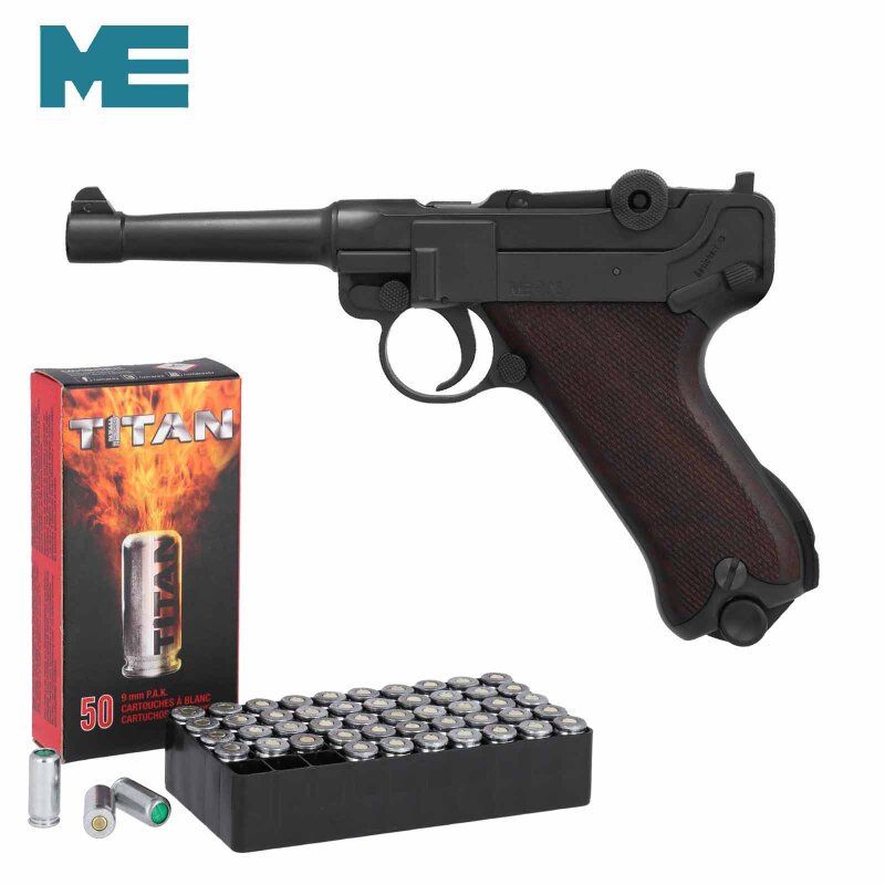 SET ME P08 Schreckschuss Pistole brüniert mit Holzgriffschalen 9 mm P.A.K. (P18) + 50 Platzpatronen 9 mm P.A.K.