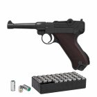 SET ME P08 Schreckschuss Pistole brüniert mit Holzgriffschalen 9 mm P.A.K. (P18) + 50 Platzpatronen 9 mm P.A.K.