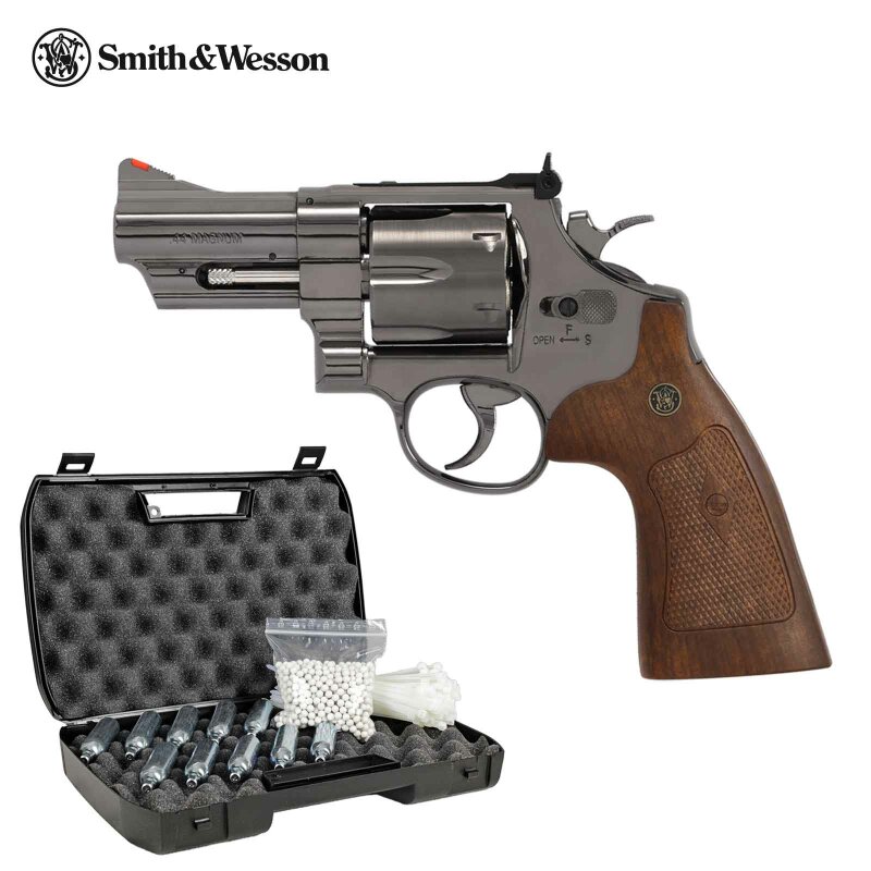 Komplettset Smith & Wesson M29 3 Zoll Softair-Co2-Revolver Hochglanzbrüniert Kaliber 6 mm BB (P18)