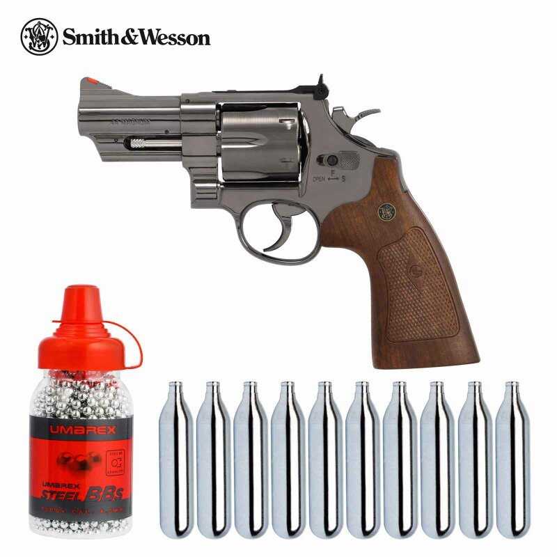 Luftpistolenset Smith & Wesson M29 3 Zoll Hochglanzbrüniert Co2-Revolver Kaliber 4,5 mm BB (P18)