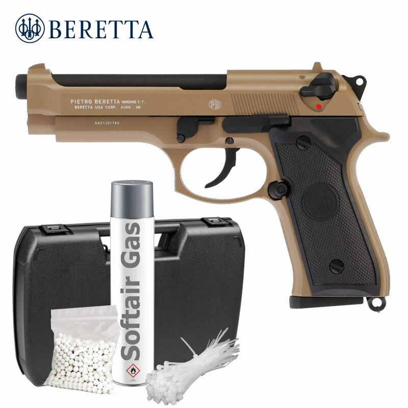 Komplettset Beretta Mod. 92 Desert Tan Softair-Pistole Kaliber 6 mm BB Gas Blowback (P18)