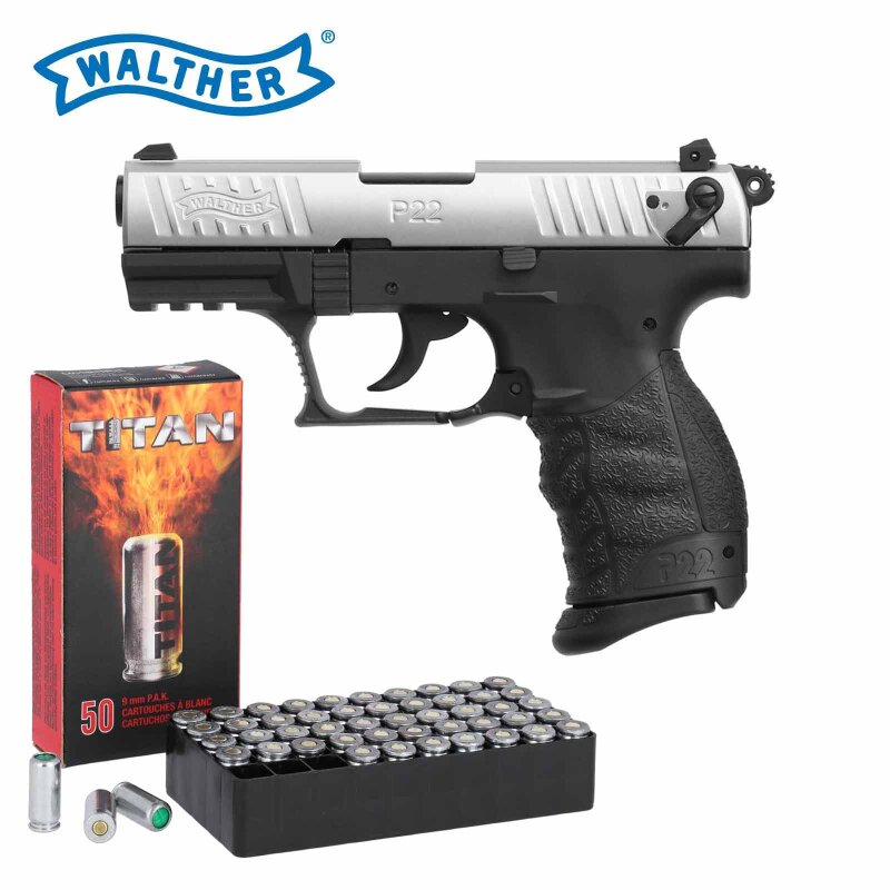 SET Walther P22Q Schreckschuss Pistole Nickel-Finish 9 mm P.A.K. (P18)
