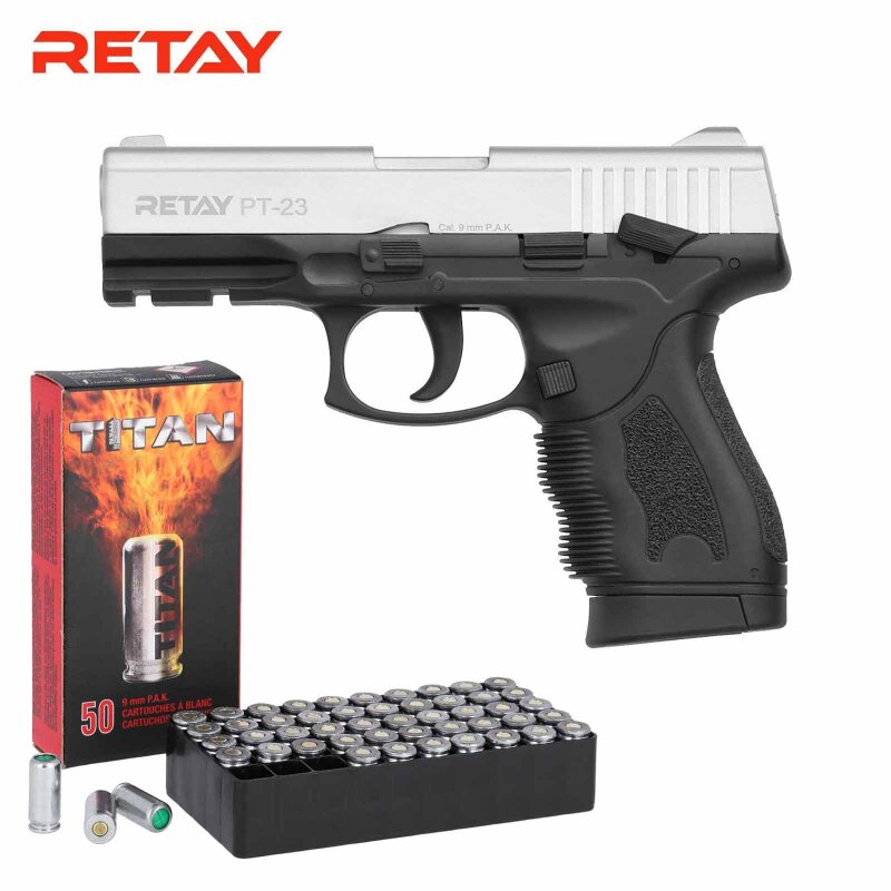 SET Retay PT-23 Schreckschuss Pistole Nickel-Finish 9 mm P.A.K. (P18) + 50 Platzpatronen 9 mm P.A.K.