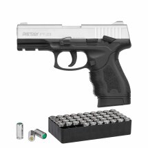 SET Retay PT-23 Schreckschuss Pistole Nickel-Finish 9 mm P.A.K. (P18) + 50 Platzpatronen 9 mm P.A.K.