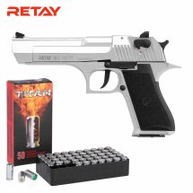 SET Retay Big Fifty Chrome Finish Schreckschuss Pistole 9 mm P.A.K. (P18) + 50 Platzpatronen 9 mm P.A.K.