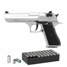 SET Retay Big Fifty Chrome Finish Schreckschuss Pistole 9 mm P.A.K. (P18) + 50 Platzpatronen 9 mm P.A.K.